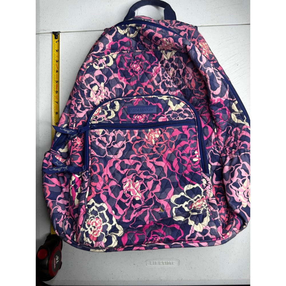 Vera Bradley Quilted Cotton Backpack Pink Navy Blue Floral School Travel Bag - Picture 3 of 16